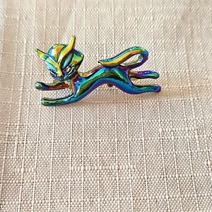 Vintage Iridescent Blue Cat Brooch